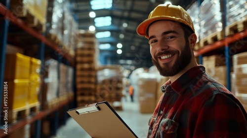 Smiling worker holding a clipboard in a busy logistics area