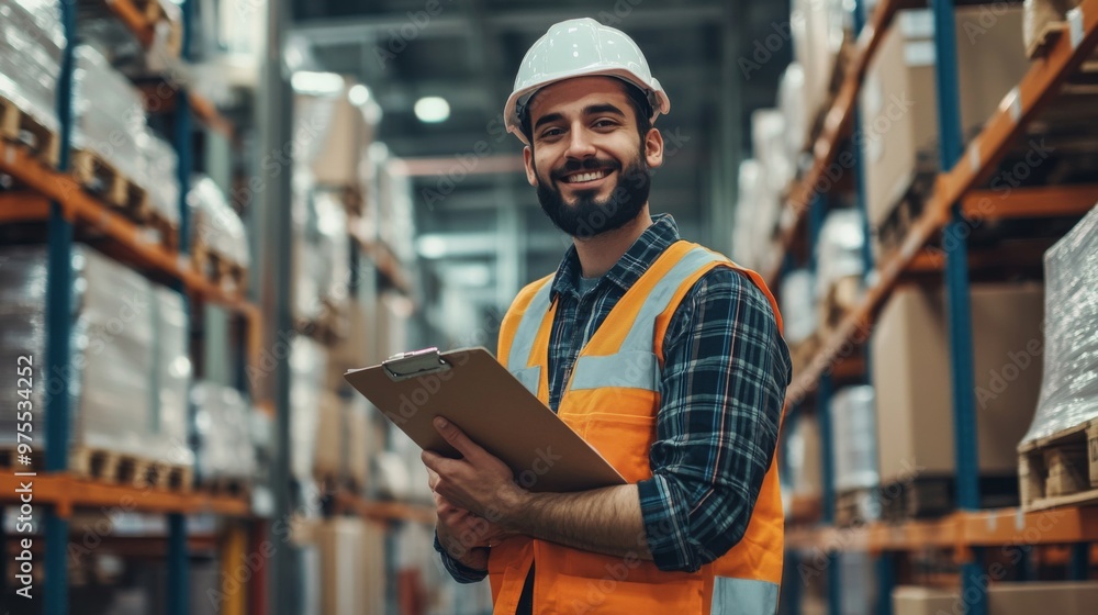 Smiling worker holding a clipboard in a busy logistics area Smiling worker holding a clipboard in a busy logistics area