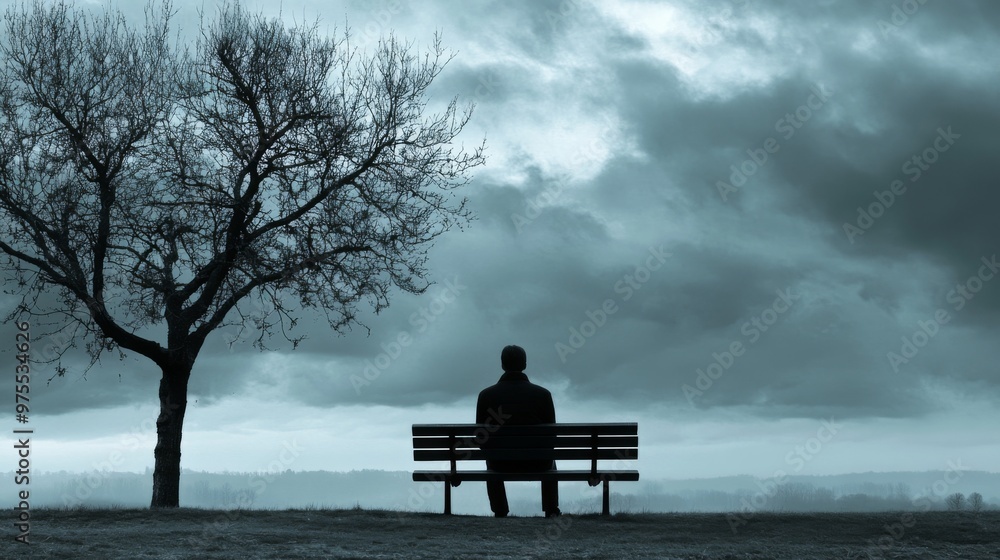 Solitary Man Sitting on a Bench in Contemplation of Loneliness Solitary Man Sitting on a Bench in Contemplation of Loneliness