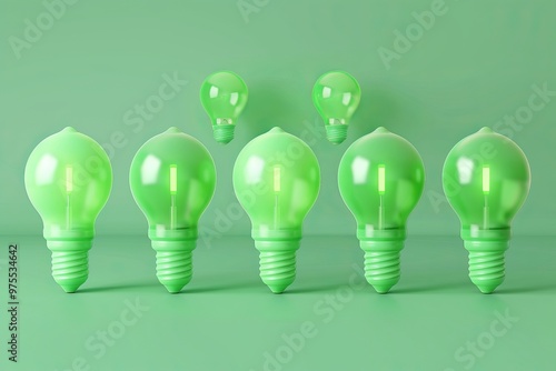 Green light bulbs, lamp icon set, lightbulbs isolated, render style minimal light bulbs, creativity idea