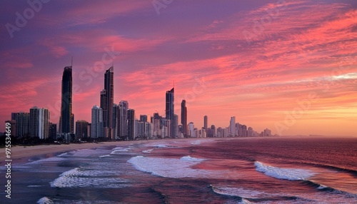 sunset over the city, sunset over the city, sunset over the city, Surfers Paradise skyline during a pink pre sunrise dawn, sunset over the river