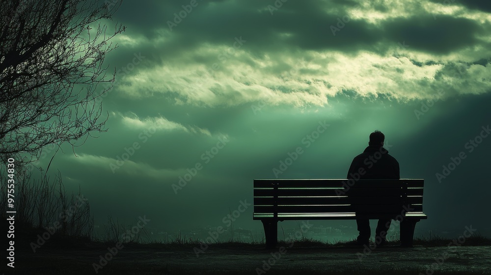 Solitary Man Sitting on a Bench in Contemplation of Loneliness Solitary Man Sitting on a Bench in Contemplation of Loneliness