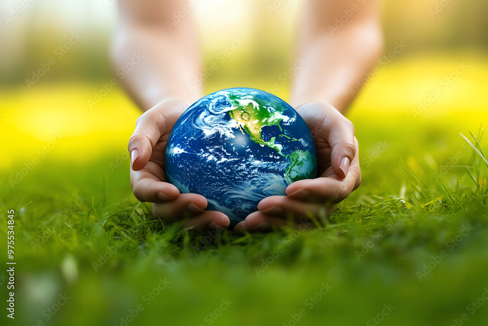 Hands holding the Earth globe over green grass, symbolizing environmental conservation, global care, and sustainability for the planet. Hands holding the Earth globe over green grass, symbolizing environmental conservation, global care, and sustainability for the planet.