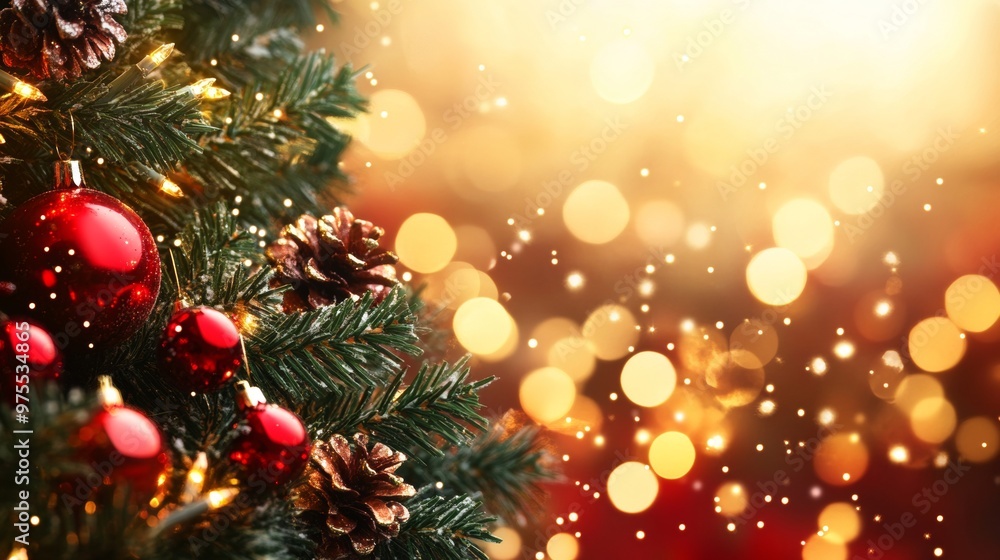 Obraz premium Christmas Ornaments On Christmas Tree Branches. Merry Christmas and Happy New Year