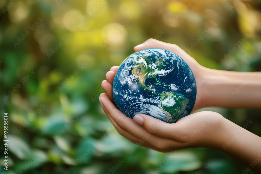 Hands holding Earth, symbolizing environmental conservation and global care, with a green, nature-filled background. Hands holding Earth, symbolizing environmental conservation and global care, with a green, nature-filled background.