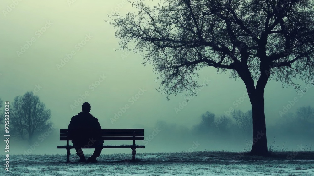 Solitary Man Sitting on a Bench in Contemplation of Loneliness Solitary Man Sitting on a Bench in Contemplation of Loneliness