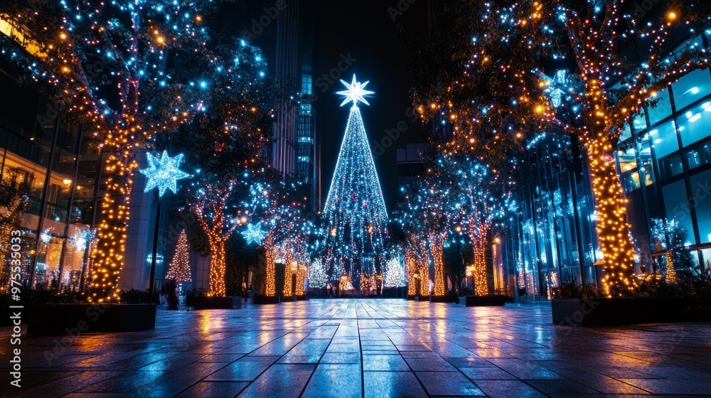 Christmas tree branches adorned with shiny red and gold baubles, with blurred city lights and people in the background. Christmas tree branches adorned with shiny red and gold baubles, with blurred city lights and people in the background.