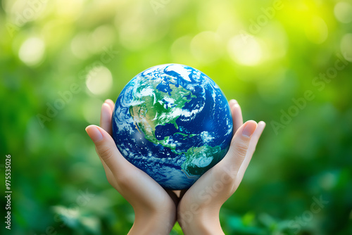 Hands holding the Earth with a blurred green background, symbolizing environmental care, sustainability, and global unity. photo