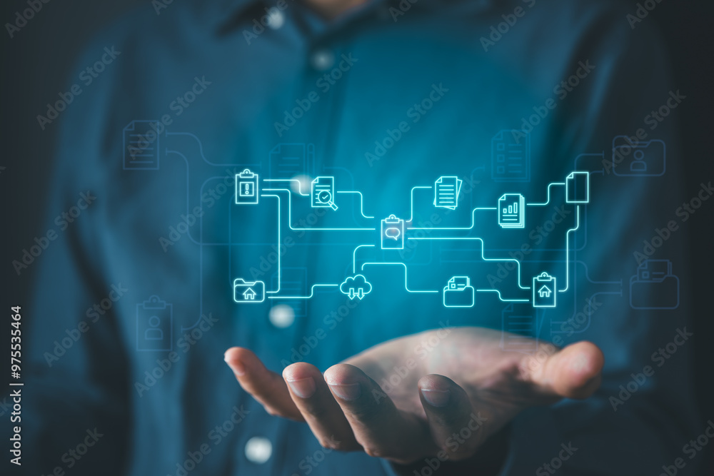 Digital information technology concept. Businessman holding information technology icons hologram. Digital information technology concept. Businessman holding information technology icons hologram.