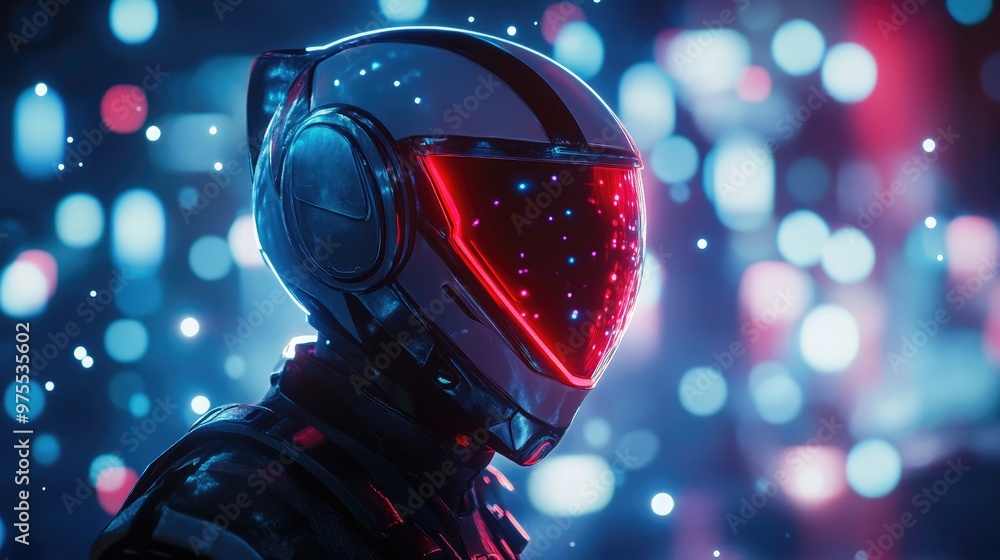 Futuristic astronaut with glowing visor against a neon background. Futuristic astronaut with glowing visor against a neon background.