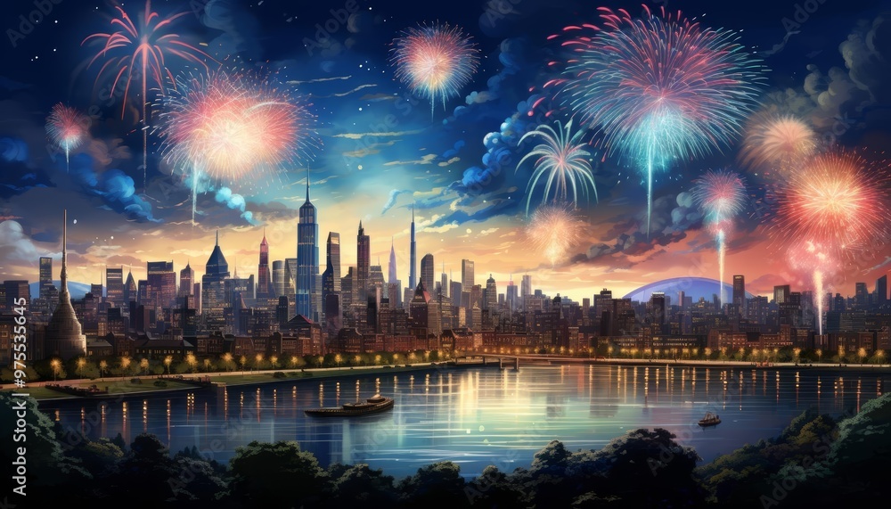 Naklejka premium Fireworks bursting in brilliant colors over a cityscape during a festive celebration in this vibrant illustration
