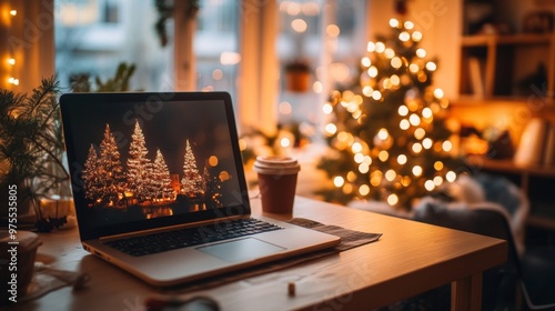 A cozy workspace with a laptop showing a snowflake on screen, surrounded by Christmas decorations and warm string lights in a home office setting. photo