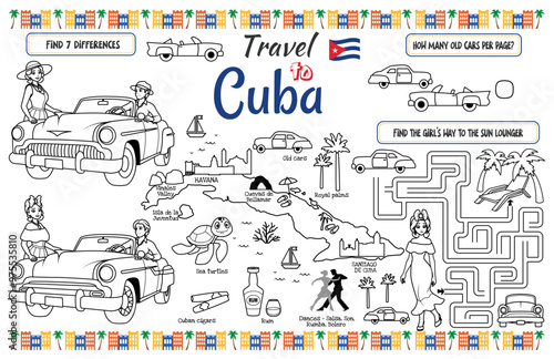 A fun placemat for kids. Printable “Travel to Cuba” activity sheet with a labyrinth and find the differences. 17x11 inch printable vector file