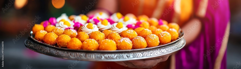 A vibrant platter of delicious Indian sweets, adorned with colorful flowers, perfect for festivals and celebrations. A vibrant platter of delicious Indian sweets, adorned with colorful flowers, perfect for festivals and celebrations.