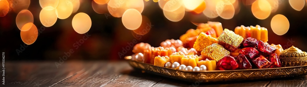 A vibrant display of assorted sweets on a decorative tray, illuminated by festive lights, perfect for celebrations or special occasions. A vibrant display of assorted sweets on a decorative tray, illuminated by festive lights, perfect for celebrations or special occasions.