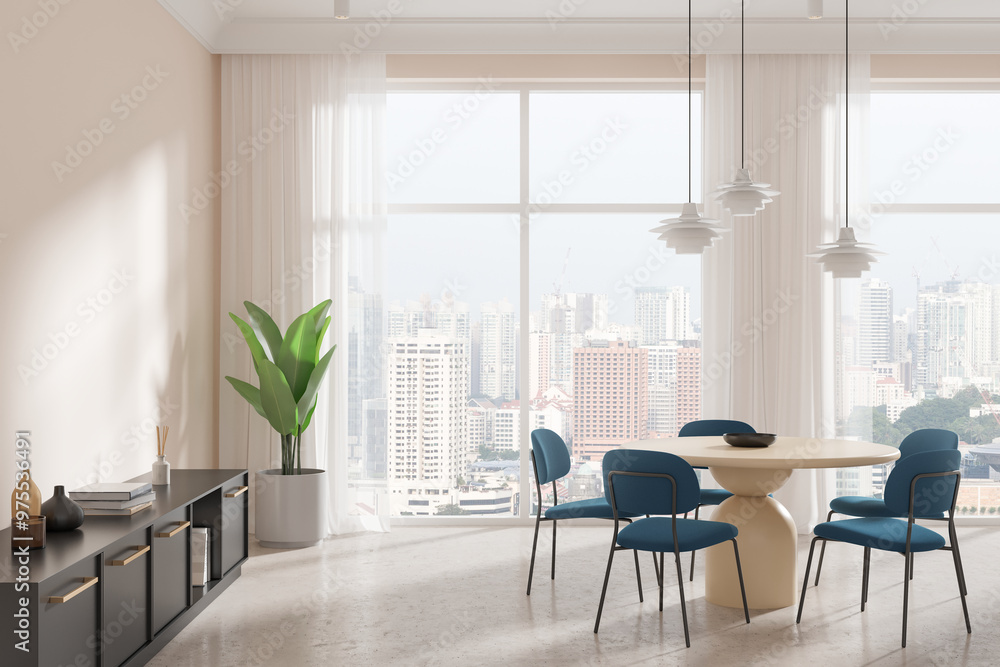 Spacious modern living room with large windows showcasing a city view, featuring minimalist furniture, a green plant, and a round dining table. 3D Rendering Spacious modern living room with large windows showcasing a city view, featuring minimalist furniture, a green plant, and a round dining table. 3D Rendering