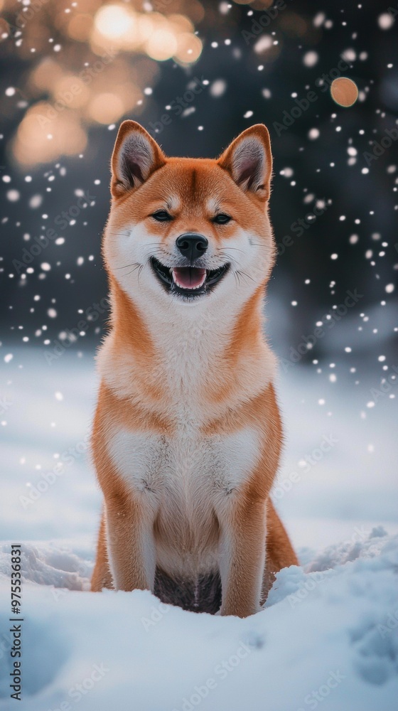 Obraz premium Smiling Shiba Inu Dog Sitting in Snowfall