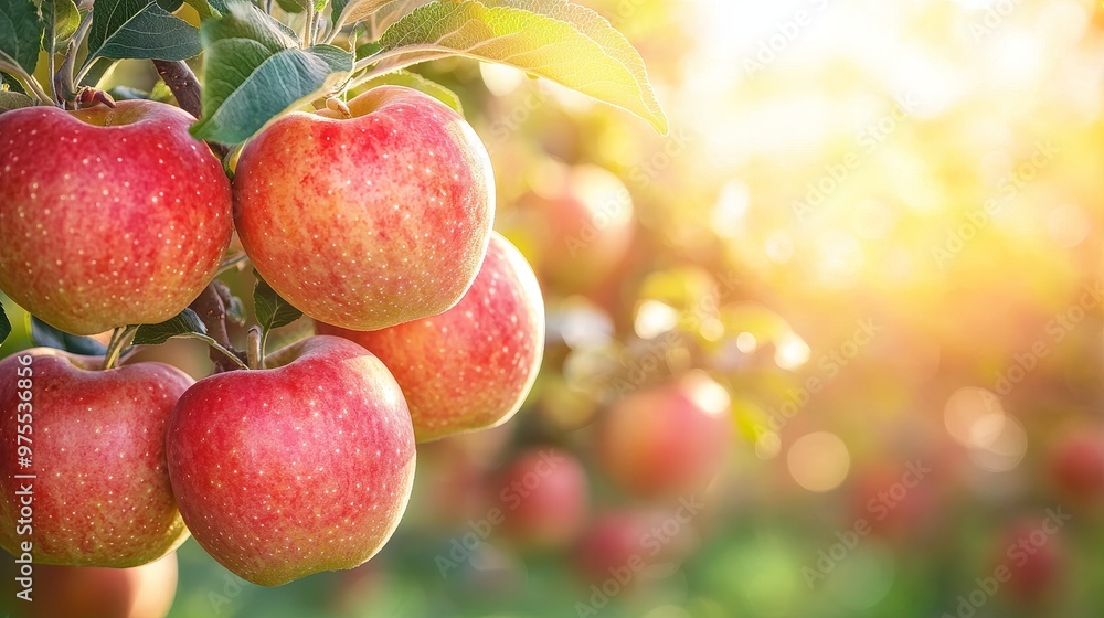 Close-up of Ripe Red Apples on a Branch with Sunlit Leaves, Apple Orchard, Autumn Harvest, Fruit, Nature ,apple orchard , autumn harvest Close-up of Ripe Red Apples on a Branch with Sunlit Leaves, Apple Orchard, Autumn Harvest, Fruit, Nature ,apple orchard , autumn harvest