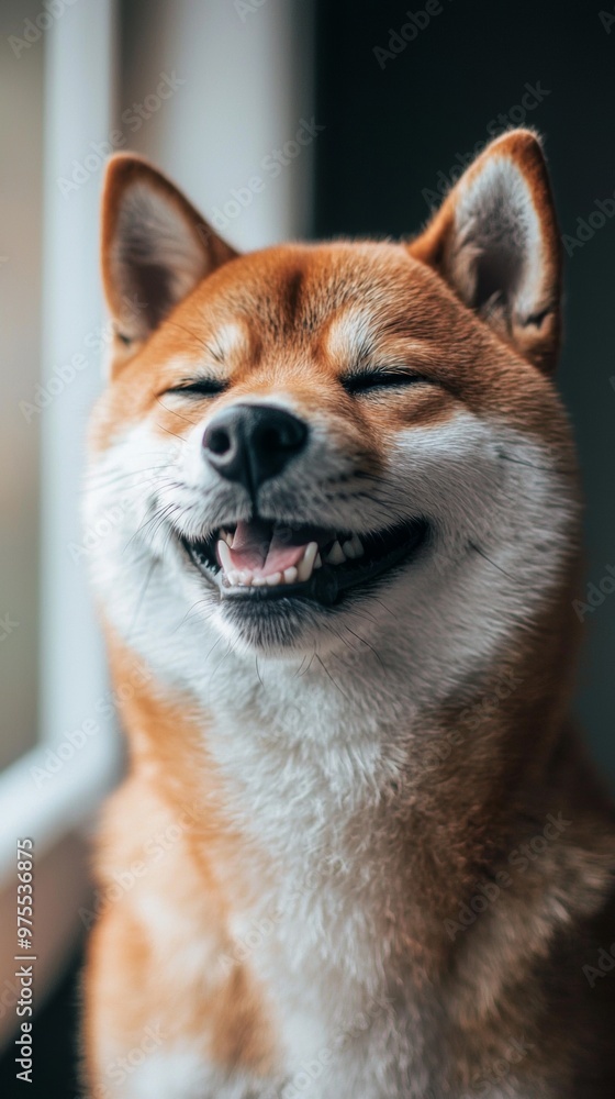 Portrait of a happy Shiba Inu dog sitting near window Portrait of a happy Shiba Inu dog sitting near window