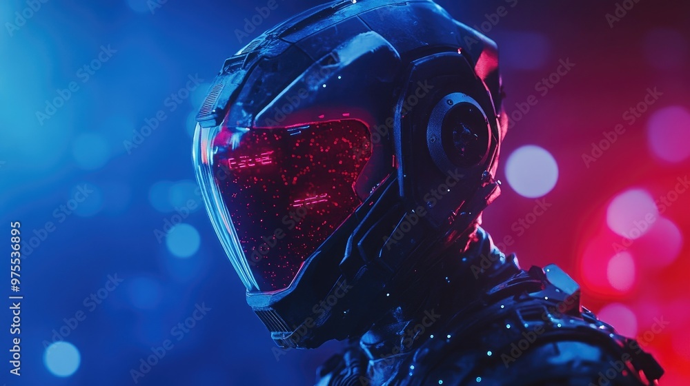 A futuristic cyborg wearing a helmet with glowing red lights in a blue and red light background. A futuristic cyborg wearing a helmet with glowing red lights in a blue and red light background.