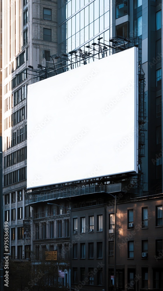 Obraz premium White blank billboard mockup on a large building in a cityscape, capturing a photo-realistic scene for immersive advertising showcases