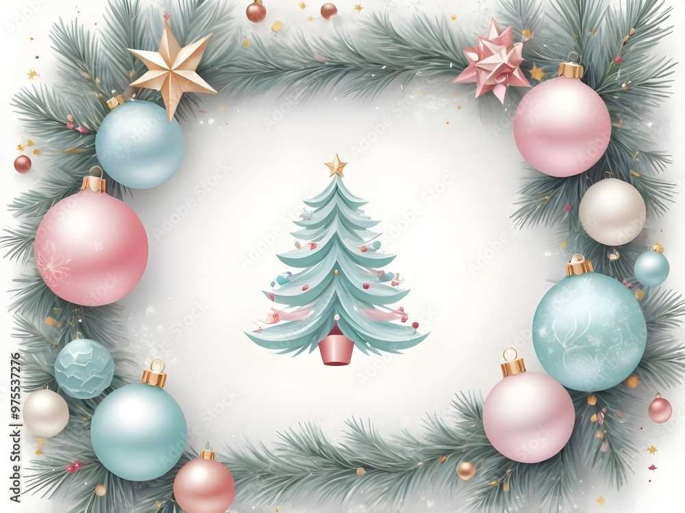 abstract pastel Christmas greeting card Frame of Christmas decoration fir tree White background Elegant classic style abstract pastel Christmas greeting card Frame of Christmas decoration fir tree White background Elegant classic style