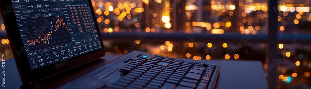 Laptop with Stock Market Data Displayed, Night City Lights Background, Laptop, Stock Market, Investment Laptop with Stock Market Data Displayed, Night City Lights Background, Laptop, Stock Market, Investment