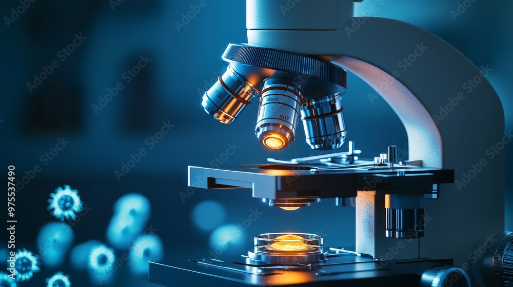 Microscope with Blue Background and Glowing Specimen, Microscopy , Research , Laboratory Microscope with Blue Background and Glowing Specimen, Microscopy , Research , Laboratory