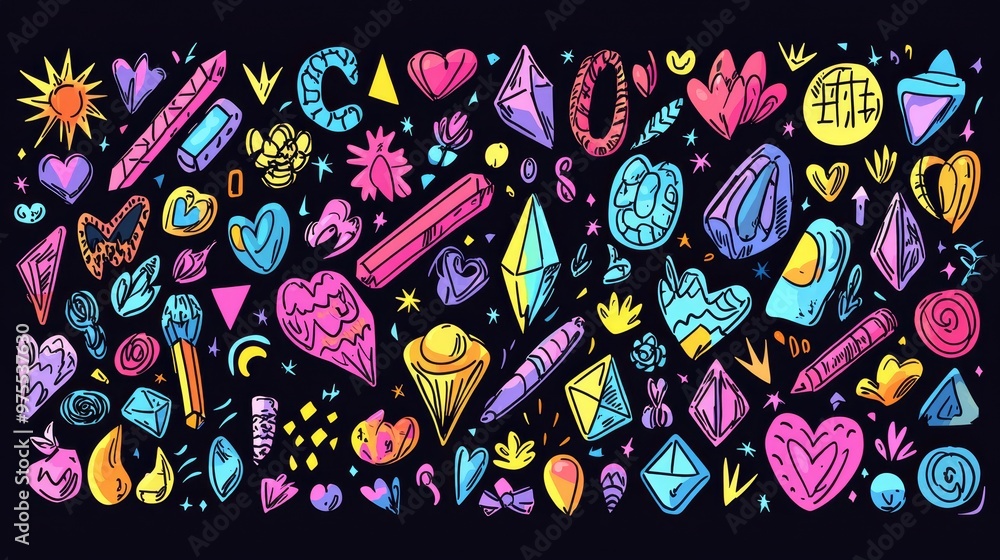 Fototapeta premium Neon Hand Drawn Pattern with Hearts, Stars, and Geometric Shapes, pattern , doodle , abstract , colorful