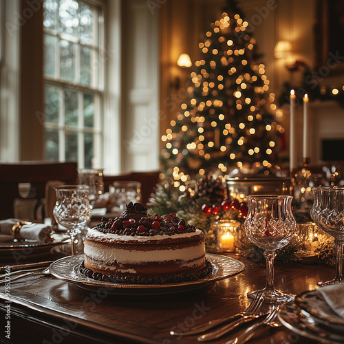 Delicious christmas cake standing on a table with a christmas tree in the background in a warm and cozy dining room