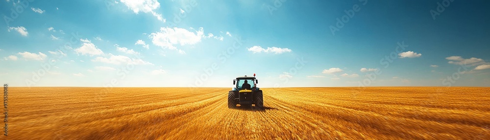 Fototapeta premium Tractor Driving Through a Golden Field, Blue Sky with Clouds, Perspective, Farm Machinery, Agriculture, Landscape, Nature. Tractor