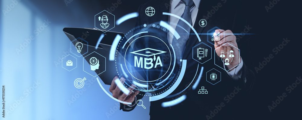 Business professional interacting with MBA-related icons on a digital interface. Business professional interacting with MBA-related icons on a digital interface.
