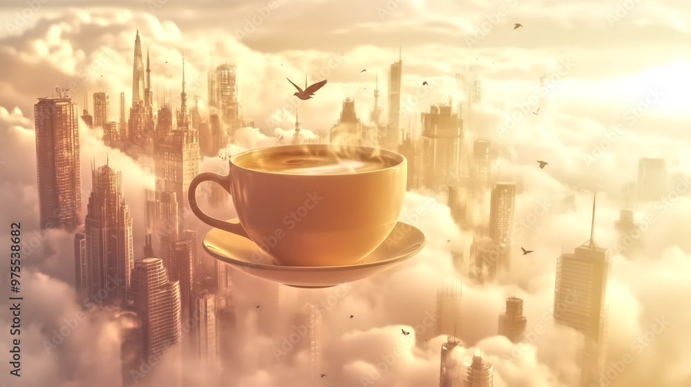 A cup of coffee floating in mid-air, with the steam forming into A cup of coffee floating in mid-air, with the steam forming into