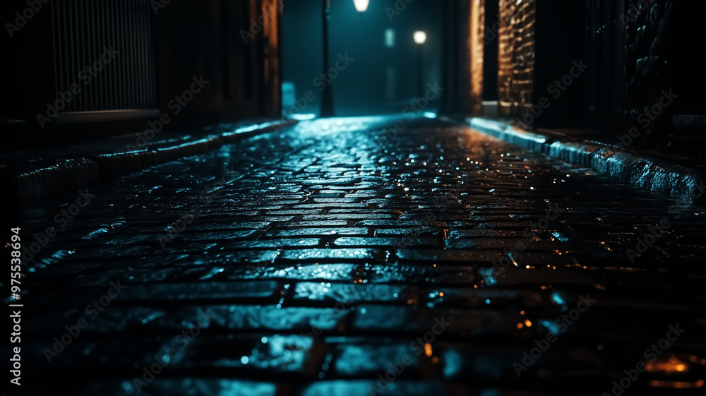 A dark alley illuminated by a single streetlamp, casting long dr A dark alley illuminated by a single streetlamp, casting long dr