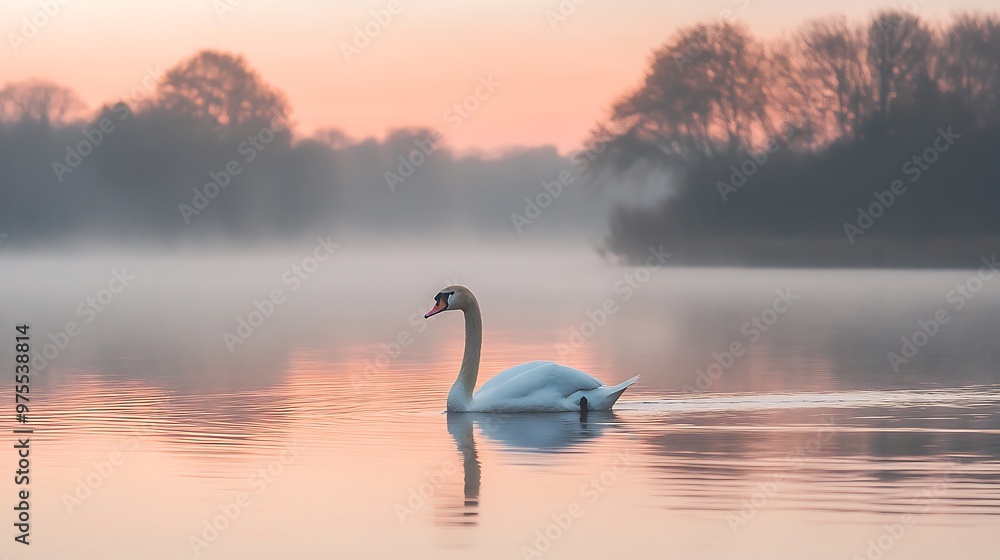 A tranquil scene of a swan gliding gracefully across a still lake at sunrise A tranquil scene of a swan gliding gracefully across a still lake at sunrise