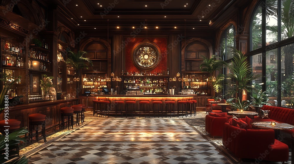 Elegant bar interior with dark wood, red velvet seating, and a checkered floor. Elegant bar interior with dark wood, red velvet seating, and a checkered floor.