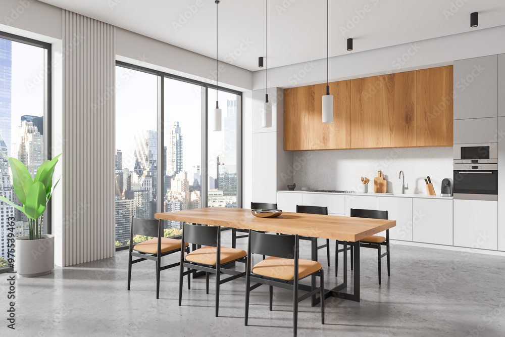 Fototapeta premium Luxury home kitchen interior with dining table and cabinet, panoramic window
