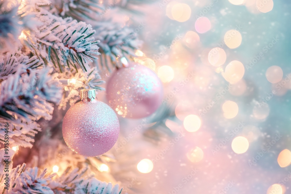 Fototapeta premium Christmas Ornaments On Christmas Tree Branches. Merry Christmas and Happy New Year