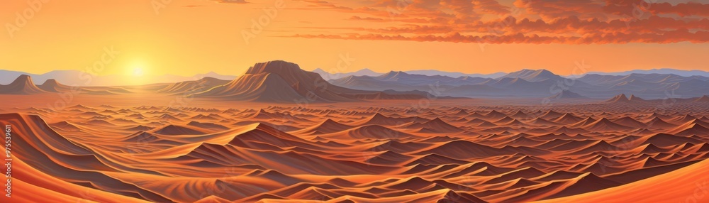 Sunrise over a vast desert, the early light casting long shadows from dune to dune in this expansive illustration Sunrise over a vast desert, the early light casting long shadows from dune to dune in this expansive illustration