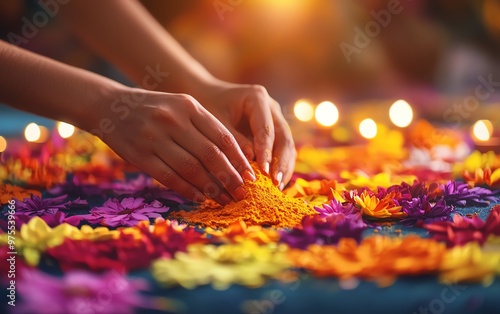 Hands arranging vibrant flower petals and colored powder for a festive decoration, creating a warm and inviting atmosphere.