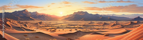 Sunrise over a vast desert, the early light casting long shadows from dune to dune in this expansive illustration