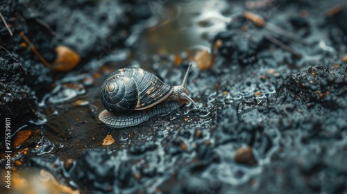 Tiny Snail on damp filthy ground photo