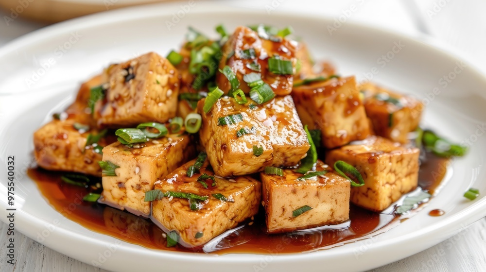 Tofu stir fried in soy sauce on white plate with white background Tofu stir fried in soy sauce on white plate with white background