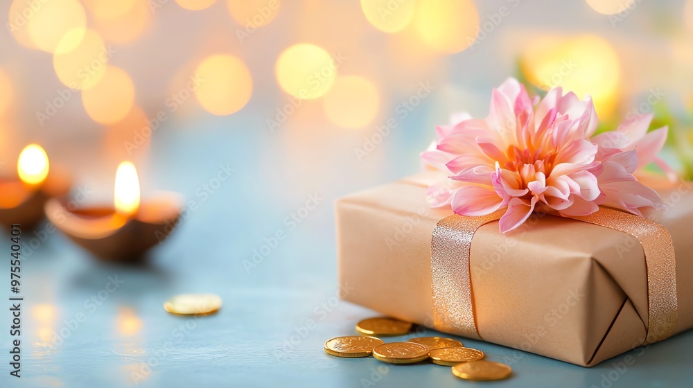 A beautifully wrapped gift box adorned with a flower, surrounded by candles and warm lights, creating a festive atmosphere. A beautifully wrapped gift box adorned with a flower, surrounded by candles and warm lights, creating a festive atmosphere.