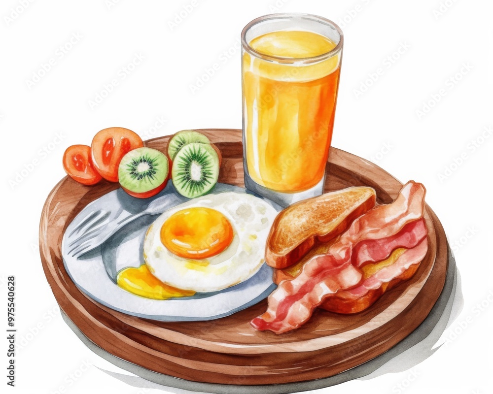 European breakfast on tray. Fruit and vitamins. Watercolor isolated illustration on white background. European breakfast on tray. Fruit and vitamins. Watercolor isolated illustration on white background.