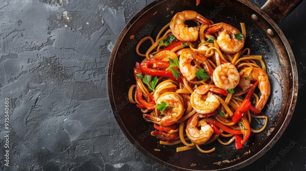 Top down view of shrimp and prawn seafood udon stir fry in a wok on a dark surface Top down view of shrimp and prawn seafood udon stir fry in a wok on a dark surface