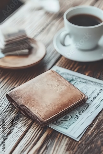 Leather wallet with money next to coffee cup