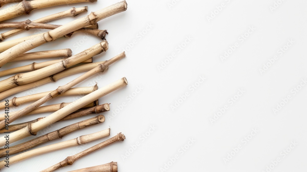 Top view of bamboo sticks arranged on white background with text space Top view of bamboo sticks arranged on white background with text space