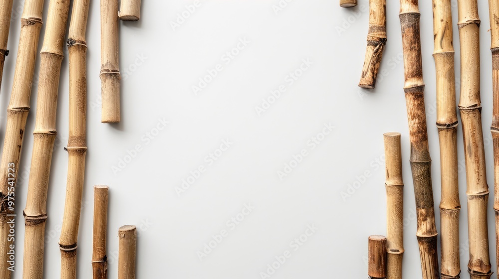 Top view of bamboo sticks arranged on white background with text space Top view of bamboo sticks arranged on white background with text space