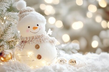 A cute snowman decoration standing in the snow with festive Christmas lights glowing in the background.